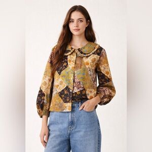 Taylor Tillman New York Ana Patchwork Peter Pan Collar Top Cottagecore Small NWT